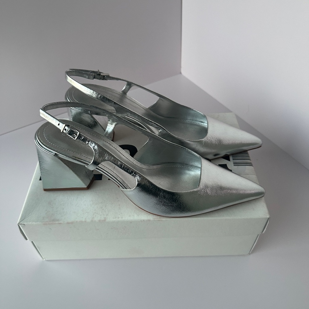 SCHUTZ Shiny Silver Pointed Slingback Heels - Picture 5 of 10